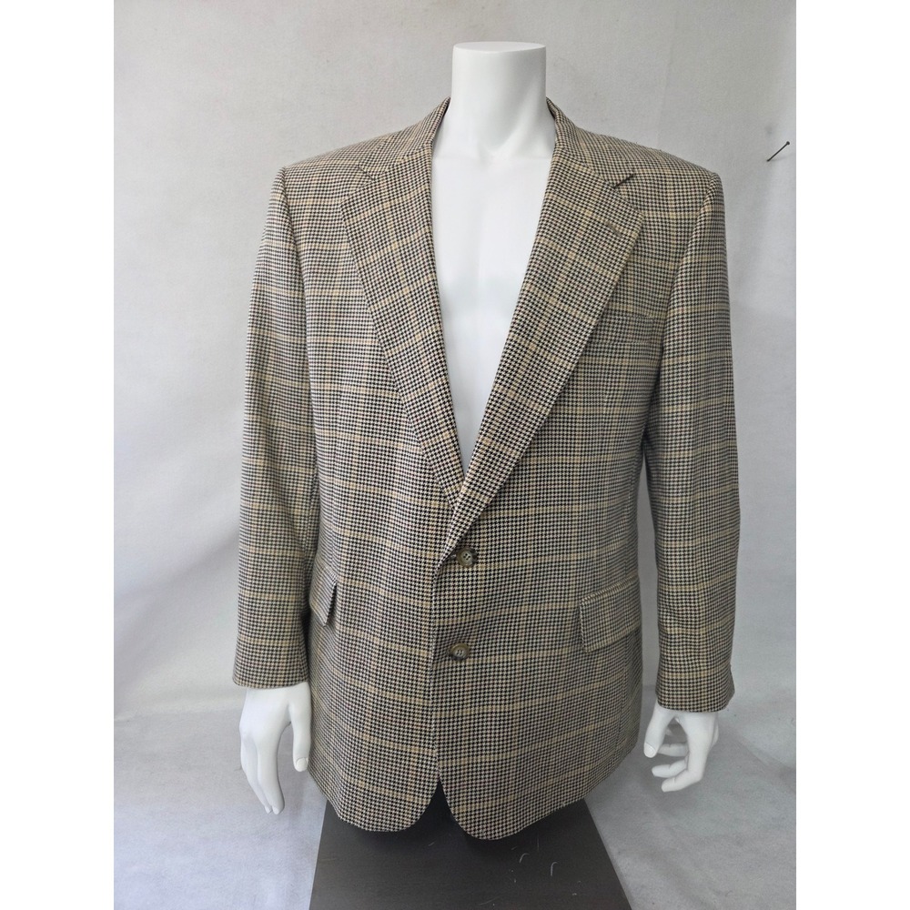 Jos A‎ Bank Kent Mens 46R Silk Wool Blazer Tan Houndstooth Glen Plaid Sport Coat